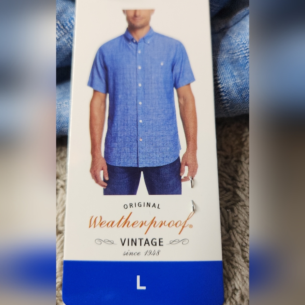 Men's Short Sleeve Linen Blend Blue Shirt - Weatherproof Vintage - L - Picture 11 of 12